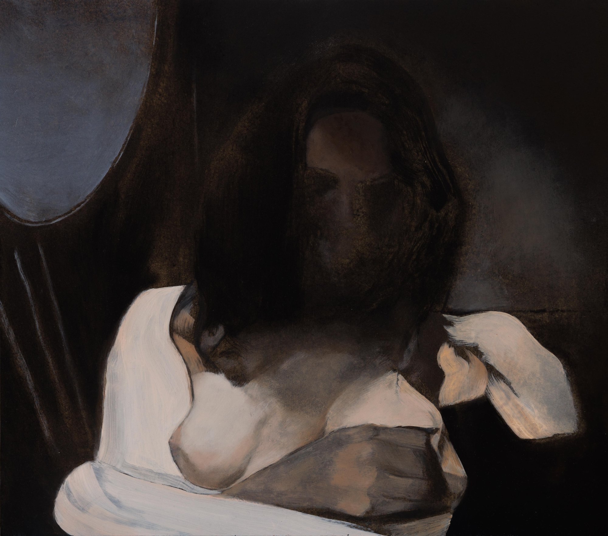 Nude Model in Dark Monochrome, 2025, oil on wood, 37x41.5 cm — Yonatan Ron