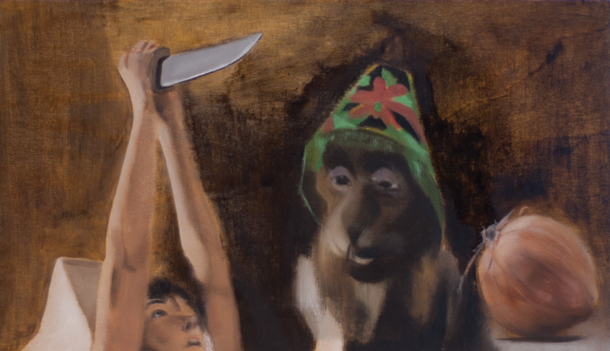 Killing an Onion, 2014, oil on wood, 29x51 cm