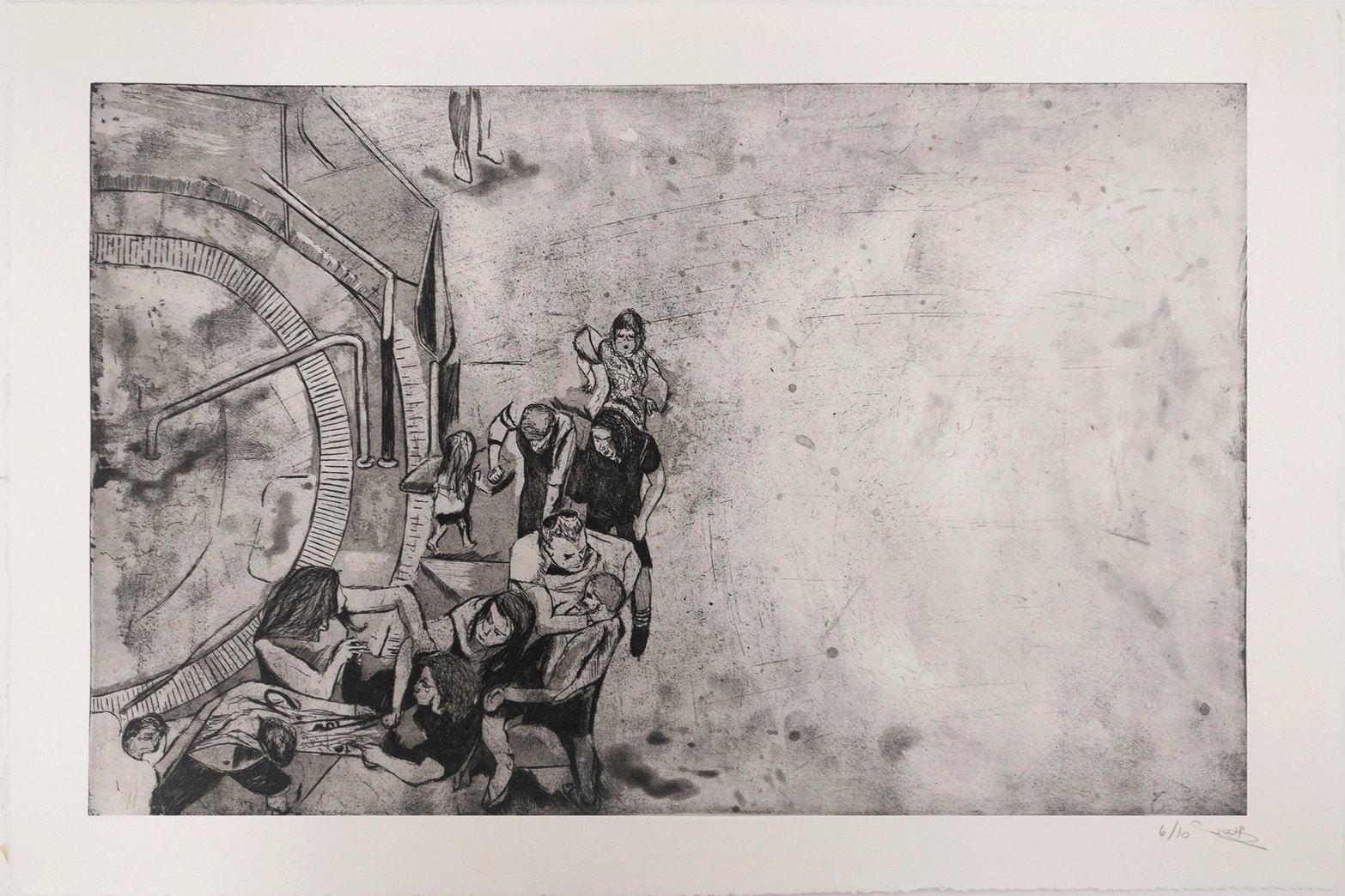 Scuffle by the Pool, 2019, etching and aquatint, 31x49 cm